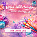 Promotional graphic for TikTok LIVE with colorful 3D products and text about exclusive live orders.